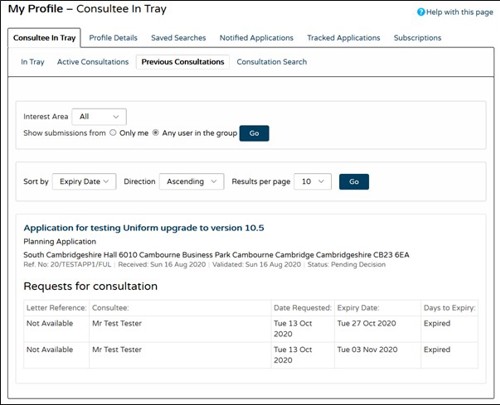 A screenshot of the Previous Consultations tab.