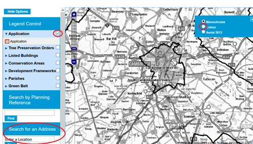 Mapping software with a left-hand menu over it