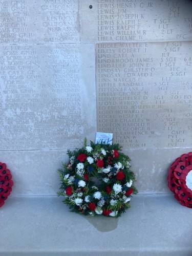 A wreath laid on behalf of South Cambridgeshire District Council at the Cambridge American Cemetery and Memorial at Coton.